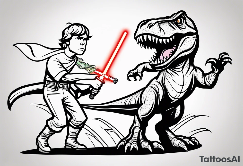 Luke Skywalker and a T-Rex fighting each other with lightsabers tattoo idea