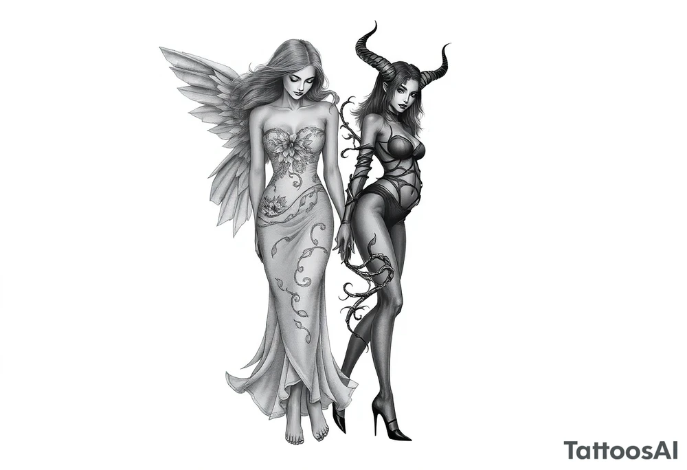 🔥 Dual Tattoo Concept: Angel & Demon – Sexy and Symbolic

Left Side – Angel (Engelin):
A sensual, barefoot angelic woman with soft, flowing hair and serene, open eyes gazes downward with calm strength. Her wings are large, feathered, and gracefully arched. She wears an elegant gown made of delicate, nature-like textures, blending floral and leaf motifs across her bodice and arms. The long dress flows like wind-swept silk, giving a sense of movement and grace. Her posture exudes calm power and divine femininity. She is barefoot, standing lightly as if floating—symbolizing purity, serenity, and grounded spirituality.

Right Side – Demoness (Teufelin):
A striking, seductive demoness with high heels and a confident stance radiates dark power and fierce sensuality. Her body is wrapped in an organic, flame- and thorn-like armor that clings to her form. Her skin appears almost sculpted with dark ornamental patterns. She has sharp horns, long hair, bat-like wings with torn edges, and a long, sinuous tail curling around her leg. Her expression is bold and alluring, eyes closed as if relishing her power. She stands tall in spiked heels, embodying chaos, desire, and strength.

⸻

🌓 Tattoo Style Suggestions:
	•	High-detail black-and-grey realism
	•	Placement: back piece, thighs, or dual shoulder blades
	•	Themes: Good vs Evil, Light vs Dark, Feminine Duality, Temptation vs Grace tattoo idea
