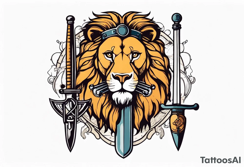 vintage lion icon holding a sword and scientific equipment tattoo idea