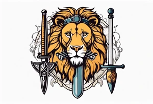 vintage lion icon holding a sword and scientific equipment tattoo idea