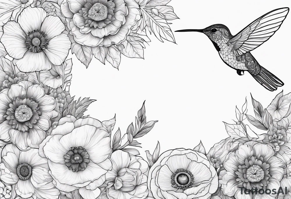 Fine line background black mandala with colorful poppy flowers and honeysuckle flowers and hummingbird tattoo idea