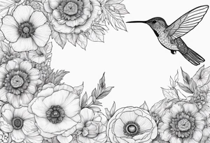 Fine line background black mandala with colorful poppy flowers and honeysuckle flowers and hummingbird tattoo idea