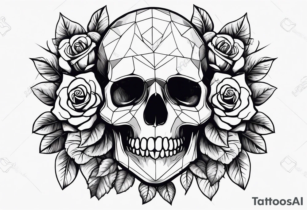 A sad skull in the middle surrounded by rose flowers dark theme tattoo idea