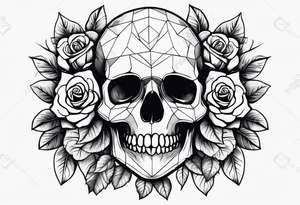A sad skull in the middle surrounded by rose flowers dark theme tattoo idea