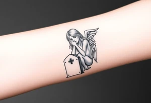 Beautiful woman angel crying on a tombstone tattoo idea