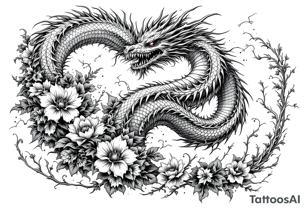 scary dragon long tail swirling with thunders and flowers as a filler tattoo idea