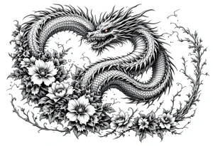 scary dragon long tail swirling with thunders and flowers as a filler tattoo idea