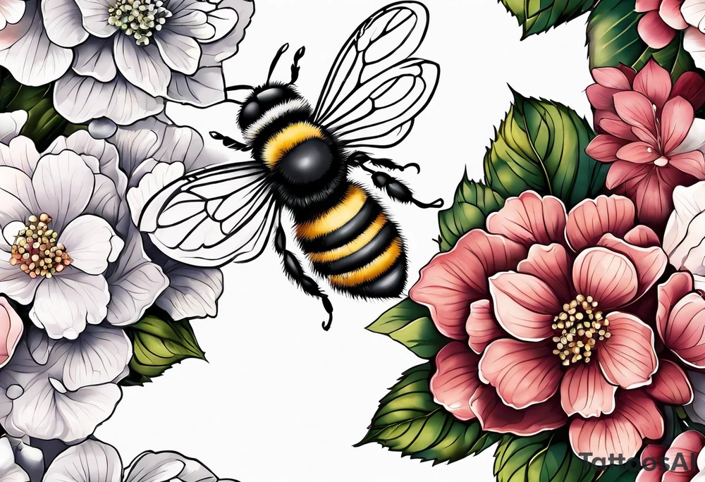 Small tattoo. There’s a hydrangea and a bee but they are not touching. Make the bee smaller than the hydrangea and have the bee off to the side. Bee is smaller than the hydrangea tattoo idea