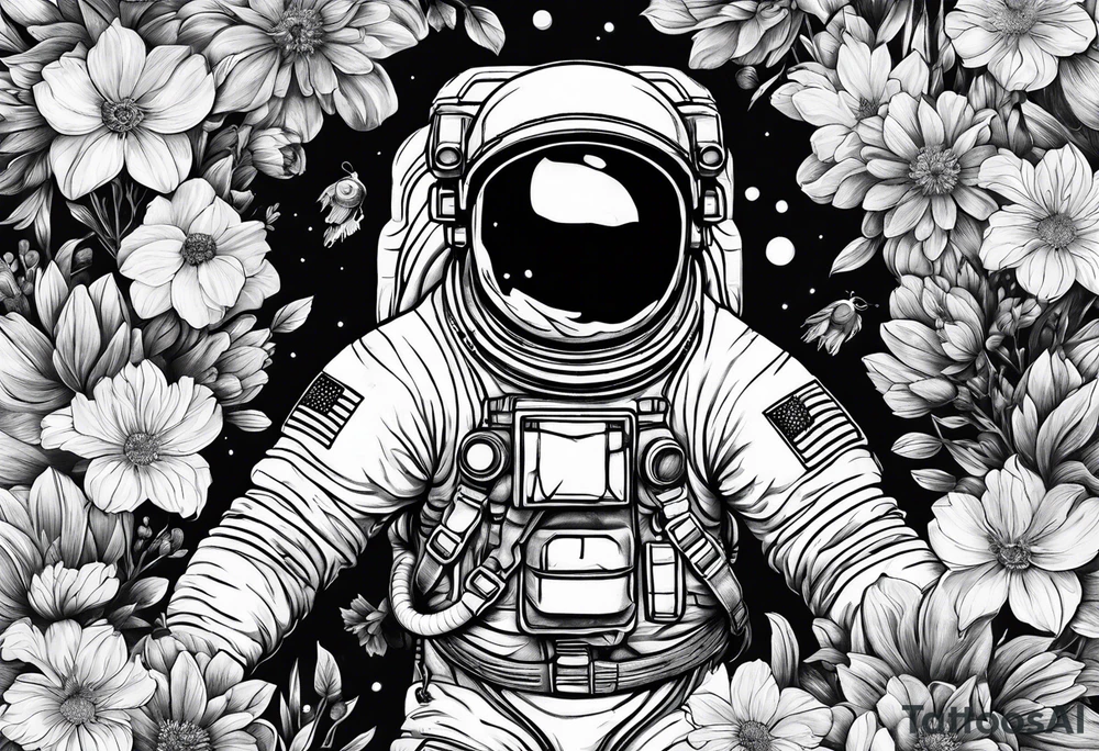 Astronaut floating through flowers tattoo idea