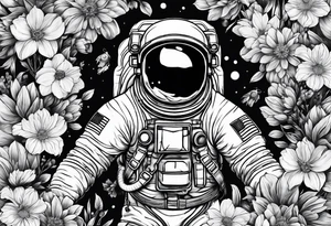 Astronaut floating through flowers tattoo idea