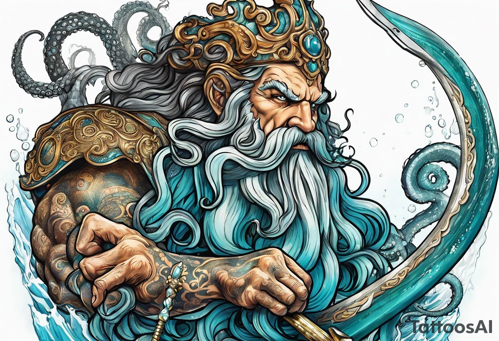 Octopus monster grabbing Poseidon with his trident tattoo idea