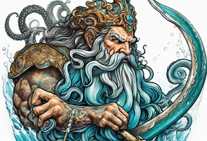 Octopus monster grabbing Poseidon with his trident tattoo idea