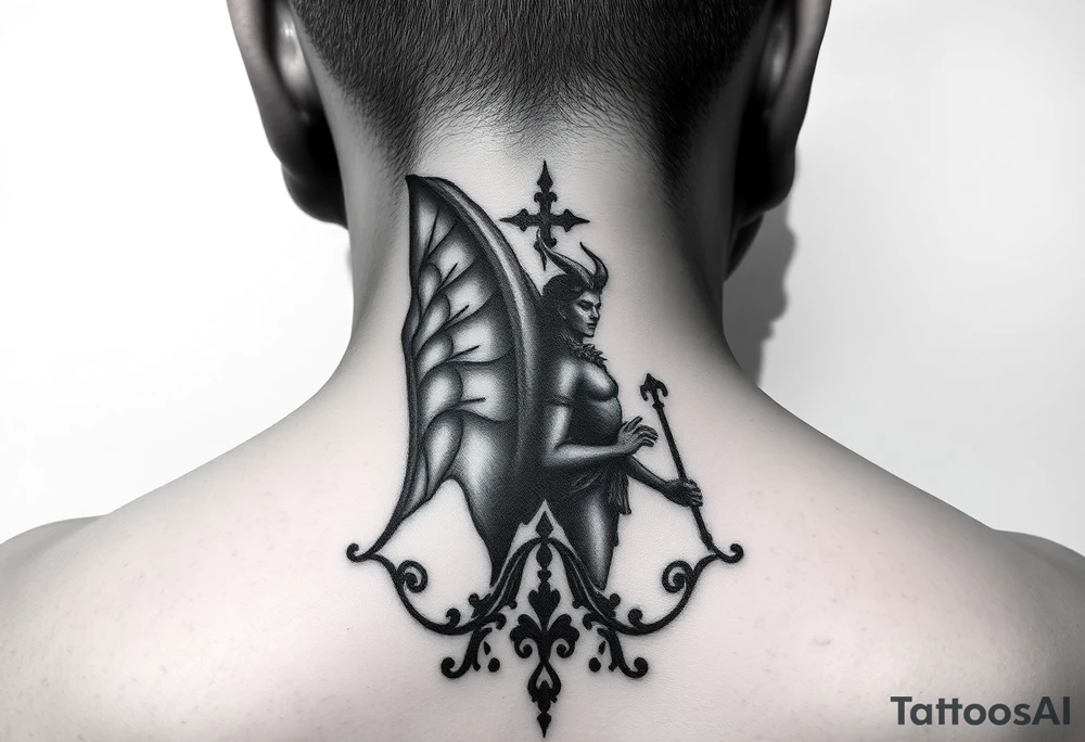position behind the neck Angel (on the right) whispering in the right ear, demon (on the left) whispering in the left ear. It must be as realistic as possible. tattoo idea