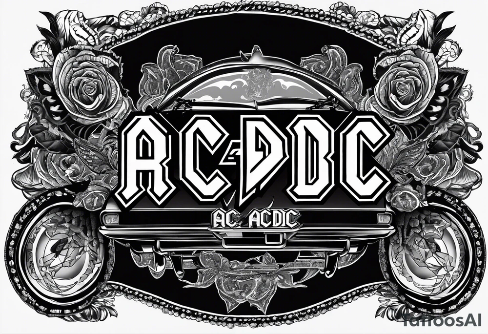 An image that represents the rock band ac/dc. Lyrics from their songs will be behind the image and act as a background tattoo idea