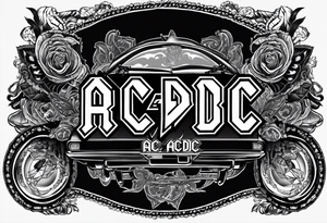 An image that represents the rock band ac/dc. Lyrics from their songs will be behind the image and act as a background tattoo idea