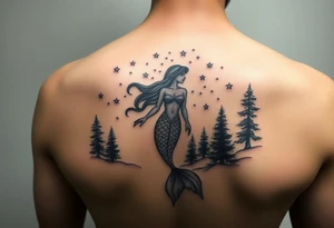 color tattoo on shoulder mermaid and forest around with starry sky tattoo idea