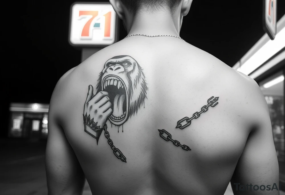 Someone standing in from of 7/11 with a gun and in the other hand is a chain with a gorilla at the end of it he’s angry mouth open and giant teeth tattoo idea