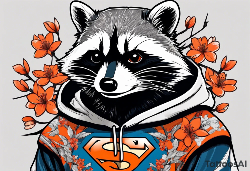 Raccoon wearing a white Superman logo on a black hoodie and orange Japanese cherry blossoms beside tattoo idea