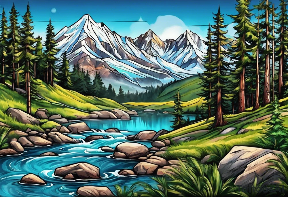 Mountains with water and name Caiden and Sawyer tattoo idea