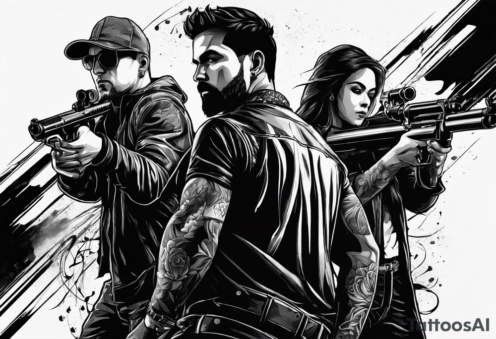 In the reflection of a eye two black siloets of people holding guns one man dead on the ground with a wounded woman standing behind him tattoo idea