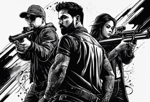 In the reflection of a eye two black siloets of people holding guns one man dead on the ground with a wounded woman standing behind him tattoo idea