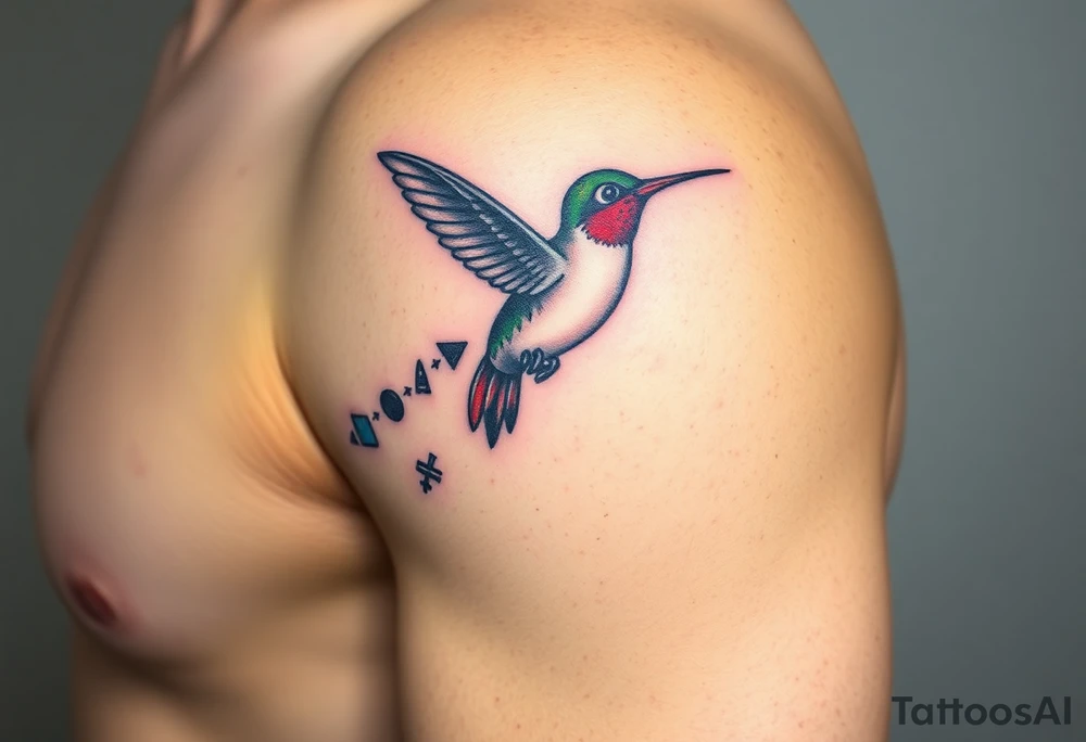 A hummingbird leaving a trail of glowing hieroglyphs as it flies(only red , blue and black are possible colors) tattoo idea