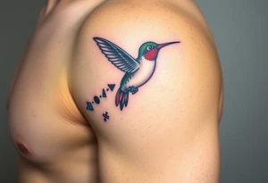 A hummingbird leaving a trail of glowing hieroglyphs as it flies(only red , blue and black are possible colors) tattoo idea