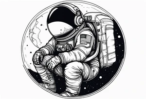 an astronaut hunched over in space from the back holding a planet in his hands tattoo idea