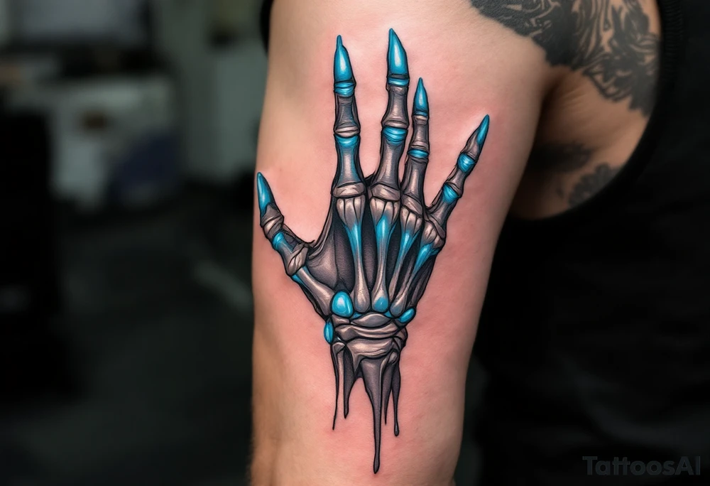 A hybrid hand revealing graphite-colored artificial tendons under realistic shaded skin, accented with electric-blue joints. tattoo idea