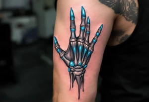 A hybrid hand revealing graphite-colored artificial tendons under realistic shaded skin, accented with electric-blue joints. tattoo idea