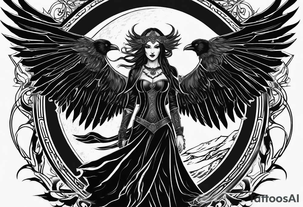 The morrigan, Irish goddess, raven, triple moon, battlefield tattoo idea