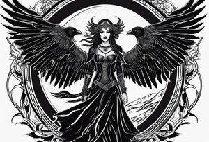 The morrigan, Irish goddess, raven, triple moon, battlefield tattoo idea