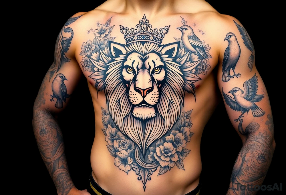 powerful majestic lion with a crown, surrounded by floral ornaments and birds tattoo idea