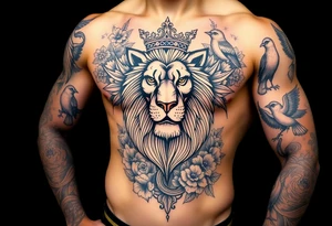 powerful majestic lion with a crown, surrounded by floral ornaments and birds tattoo idea