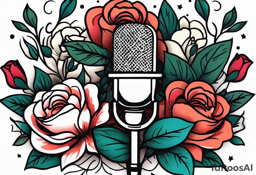 old school traditional vintage style design of lips singing into microphone with vintage flowers surrounding it tattoo idea