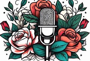 old school traditional vintage style design of lips singing into microphone with vintage flowers surrounding it tattoo idea