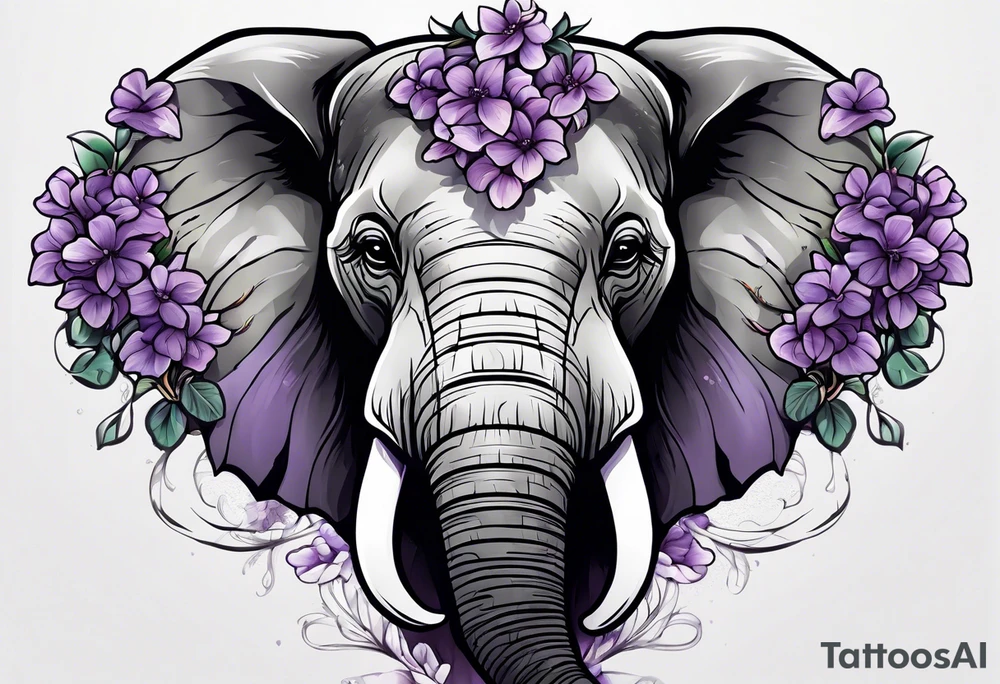 Elephant face covered with lilacs tattoo idea