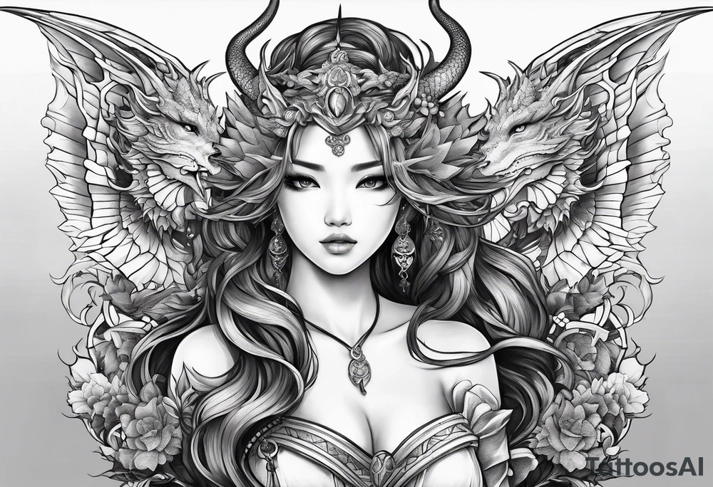 beautiful warrior nymph with dragon wings and dragon friends tattoo idea