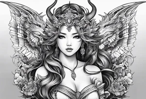 beautiful warrior nymph with dragon wings and dragon friends tattoo idea