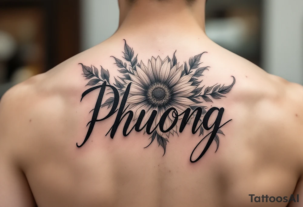 Word "Phuong" written with sunflower tattoo idea