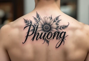 Word "Phuong" written with sunflower tattoo idea