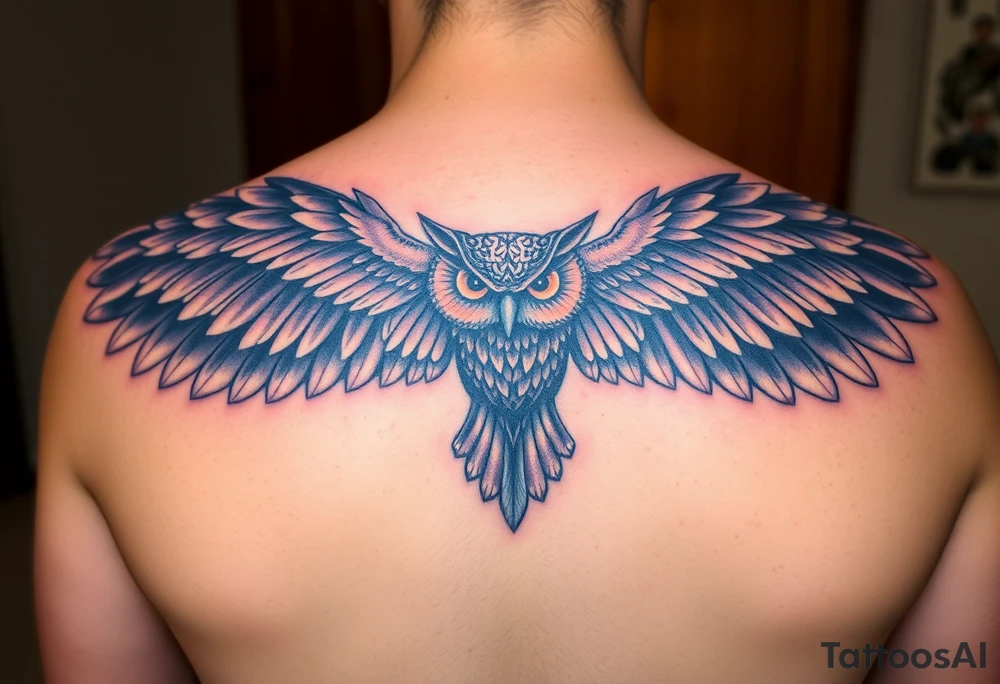 Majestic owl with huge wings spread out tattoo idea