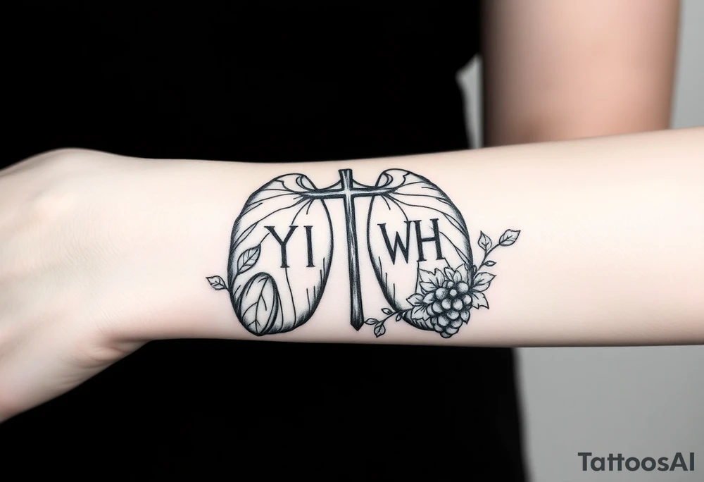 Initials "YH WH" in lungs with cross and grape on vine tattoo idea