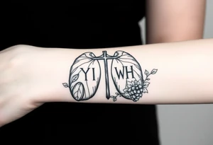 Initials "YH WH" in lungs with cross and grape on vine tattoo idea