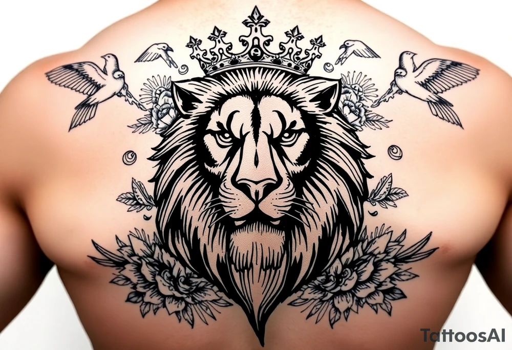 powerful majestic lion with a crown, surrounded by floral ornaments and birds tattoo idea