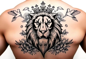 powerful majestic lion with a crown, surrounded by floral ornaments and birds tattoo idea