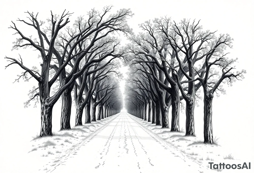 Tree-lined dirt road. Road is rough, little shoulder. Deciduous trees arch across it, meeting in the middle. 

Road should be rougher, more rural. Branches start lower. The trees in the foreground should be bigger — perspective has road getting smaller. 

Make the trees leafier. Branches begin lower on the trunk. 

Much leafier trees. Summer. Can’t see much behind the trees tattoo idea