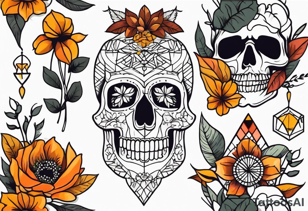 Knee tattoo with fall colors, flowers, skulls and geometric shapes. tattoo idea