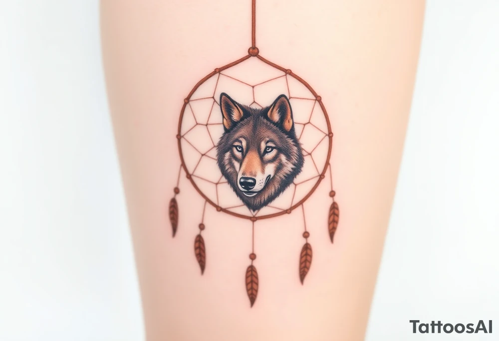 A wolf’s paw print in the center of a dreamcatcher, with the wolf’s face subtly peeking through. The dreamcatcher threads are light brown, and the paw print is shaded in dark brown with hints of green around the edges. tattoo idea