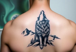 lone wolf howling at full moon with northern lights backdrop tattoo idea